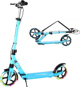 LED Light Up Large Wheels Scooter for Kids Ages 6-12 and Adults with Handbrake;  Kick Scooters for Teens 12 Years and Up with Carry Strap and Bel (Color: Blue)